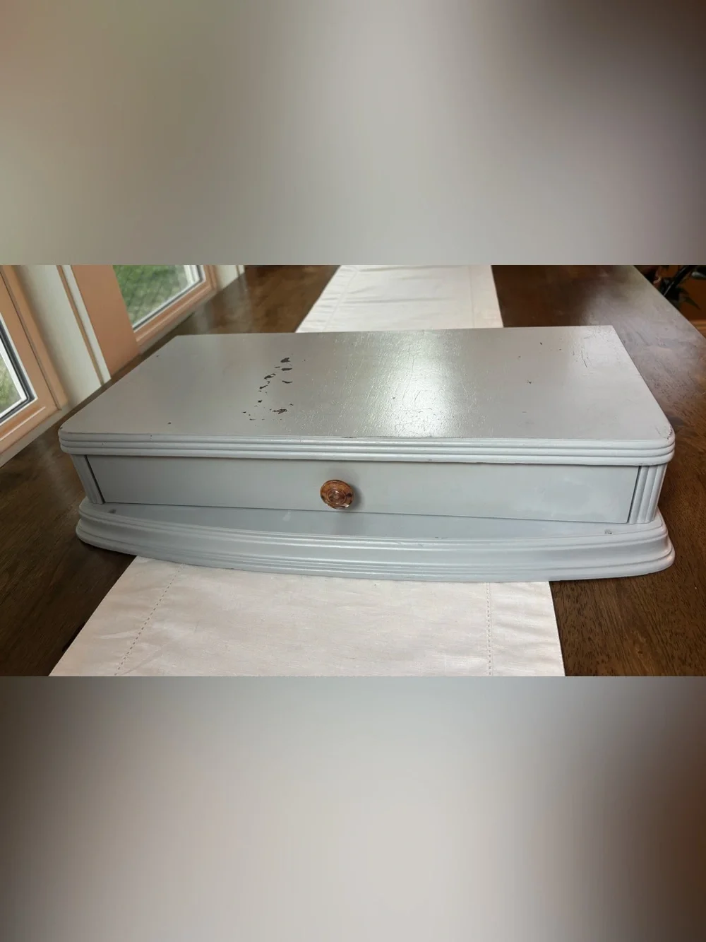 Vintage Wooden Storage Drawer with Blue Gray Finish and Decorative Knob